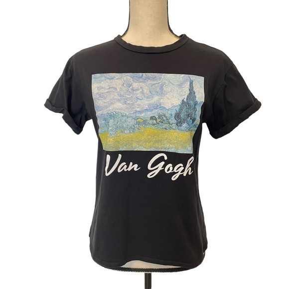 FRENCH PASTRY BLACK VAN GOGH CUFFED SLEEVE TEE T SHIRT TOP MEDIUM - Picture 1 of 10